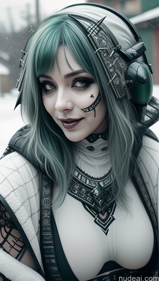 ai nude image of arafed woman with green hair and headphones posing for a picture pics of Milf Chubby Green Hair Ethiopian Snow Laughing Futuristic Busty Perfect Boobs Close-up View Gothic Punk Girl