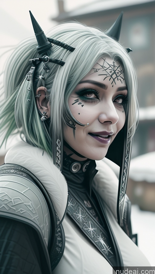 ai nude image of there is a woman with a white and black outfit and horns pics of Milf Chubby Green Hair Ethiopian Snow Laughing Futuristic Busty Perfect Boobs Close-up View Gothic Punk Girl