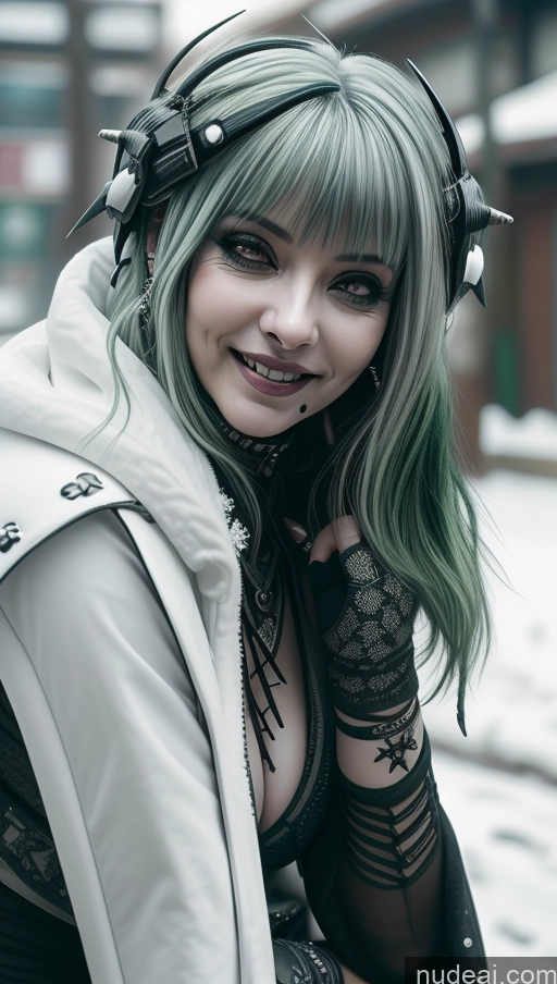 ai nude image of arafed woman with green hair and headphones posing for a picture pics of Milf Chubby Green Hair Ethiopian Snow Laughing Futuristic Busty Perfect Boobs Close-up View Gothic Punk Girl