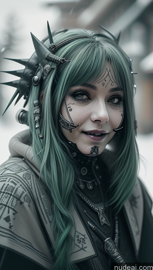 ai nude image of arafed woman with green hair and spiked headpiece posing for a picture pics of Milf Chubby Green Hair Ethiopian Snow Laughing Futuristic Busty Perfect Boobs Close-up View Gothic Punk Girl