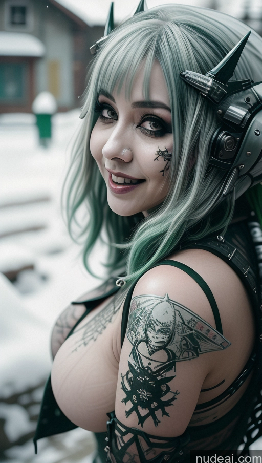 ai nude image of arafed woman with green hair and piercings posing for a picture pics of Milf Chubby Green Hair Ethiopian Snow Laughing Futuristic Busty Perfect Boobs Close-up View Gothic Punk Girl Cleavage