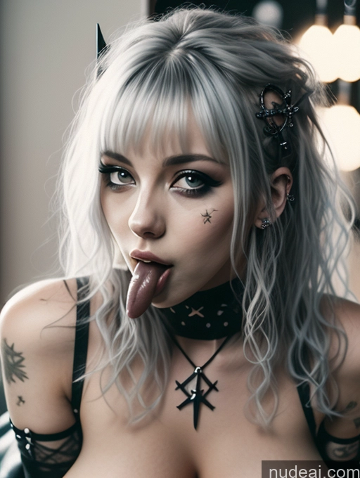 ai nude image of blond woman with black cat ears and piercings licking her tongue pics of Busty Perfect Boobs Close-up View Gothic Punk Girl Model Perfect Body Beautiful 18 White Hair Curly Hair Russian Bedroom Nude Licking Oral