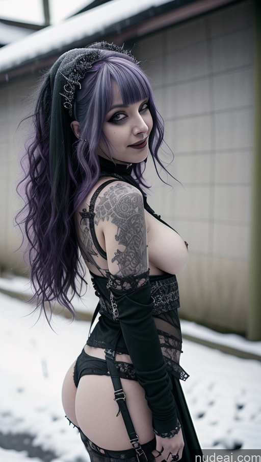 ai nude image of araffed woman with purple hair and black stockings posing in the snow pics of Milf Chubby Ethiopian Snow Busty Goth Close-up View Perfect Boobs Gothic Punk Girl Purple Hair Topless Laughing