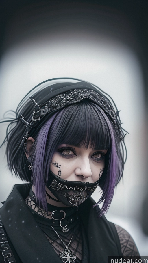 ai nude image of arafed woman with purple hair and a black top with a chain around her mouth pics of Milf Chubby Ethiopian Snow Goth Gothic Punk Girl Purple Hair Laughing Close-up View Perfect Boobs Busty Short Hair