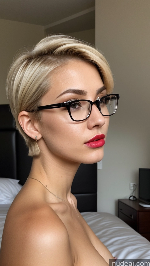 ai nude image of blond woman with glasses and red lipstick posing on bed pics of Woman Perfect Boobs Glasses Lipstick Small Ass Perfect Body 18 Shocked Pouting Lips Blonde Short Hair White Skin Detail (beta) Cumshot Nude Bright Lighting Detailed Side View Bedroom