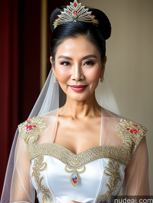 ai nude image of arafed woman in a wedding dress with a tiara and veil pics of Beautiful Hair Bun Vietnamese Miss Universe Model Traditional 70s Transparent