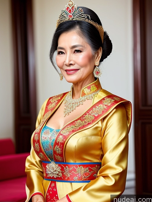 ai nude image of arafed woman in a golden dress and a tiara smiles for the camera pics of Beautiful Hair Bun Vietnamese Miss Universe Model Traditional 70s Cleavage