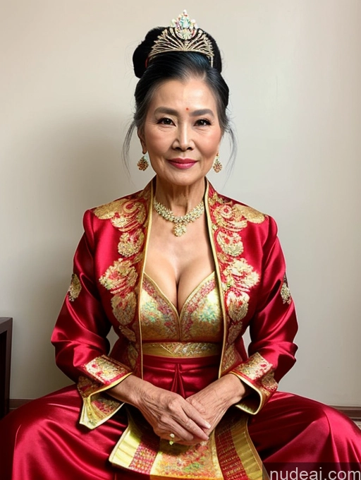 ai nude image of arafed woman in a red dress and gold jewelry sitting on a chair pics of Beautiful Hair Bun Vietnamese Miss Universe Model Traditional 70s Cleavage