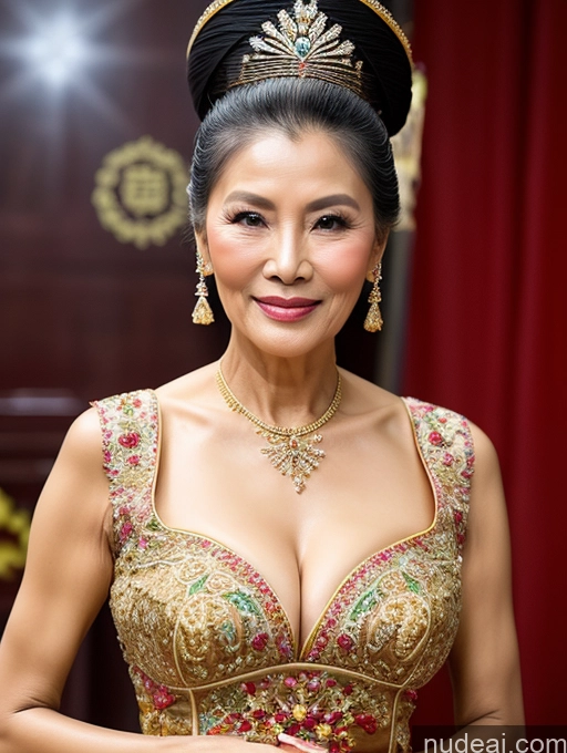 ai nude image of araffe woman in a gold dress with a tiable and a necklace pics of Beautiful Hair Bun Vietnamese Miss Universe Model Traditional 70s Cleavage