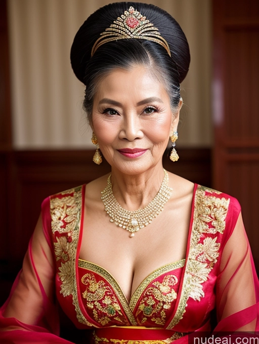 ai nude image of arafed woman in a red dress with a gold necklace and earrings pics of Beautiful Hair Bun Vietnamese Miss Universe Model Traditional 70s Cleavage