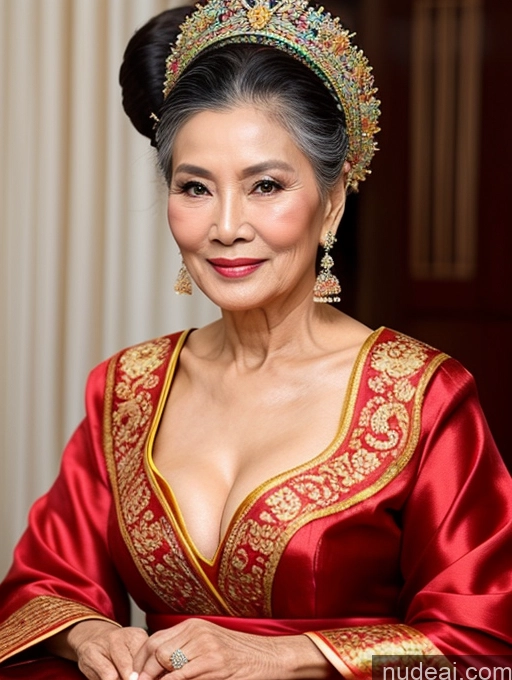 ai nude image of arafed woman in a red dress with a tiara and a gold necklace pics of Beautiful Hair Bun Vietnamese Miss Universe Model Traditional 70s Cleavage