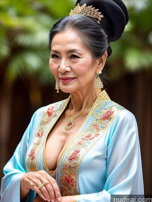 ai nude image of arafed woman in a blue dress with a gold tiara pics of Beautiful Hair Bun Vietnamese Miss Universe Model Traditional 70s Cleavage