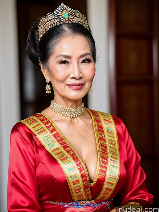 ai nude image of arafed woman in a red dress with a tiara and a necklace pics of Beautiful Hair Bun Vietnamese Miss Universe Model Traditional 70s Cleavage