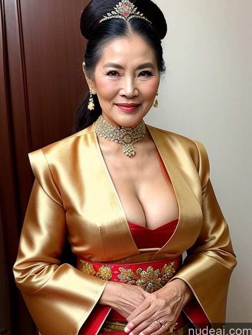 ai nude image of araffe woman in a gold and red dress posing for a picture pics of Beautiful Hair Bun Vietnamese Miss Universe Model Traditional 70s Cleavage