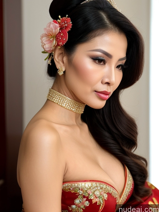 ai nude image of arafed asian woman in a red dress with a flower in her hair pics of Beautiful Hair Bun Vietnamese Miss Universe Model Traditional 70s Cleavage Pouting Lips