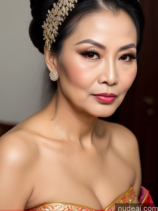 ai nude image of arafed woman with a red dress and a gold headpiece pics of Beautiful Hair Bun Vietnamese Miss Universe Model Traditional 70s Cleavage Pouting Lips