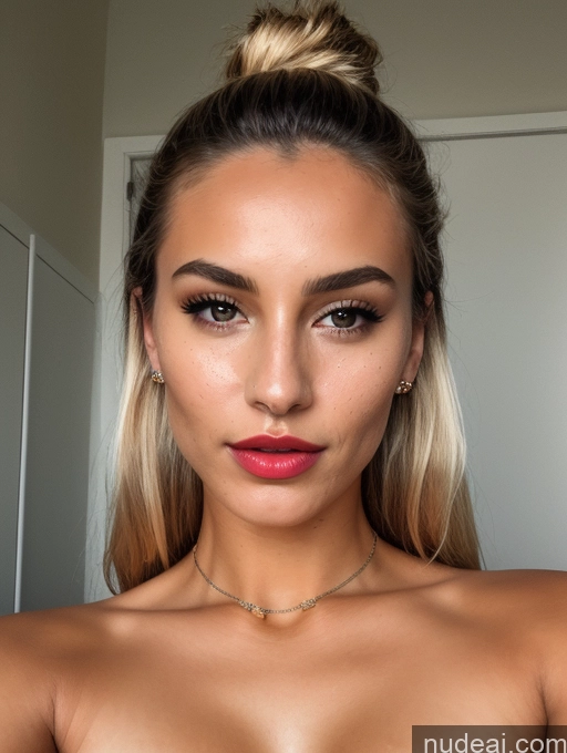 ai nude image of arafed woman with a pink lip and a necklace on her neck pics of Model One Perfect Boobs Beautiful Lipstick Perfect Body Tanned Skin 18 Seductive Blonde Hair Bun White Film Photo Cumshot Jewelry Dark Lighting Detailed