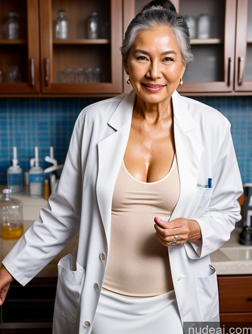 ai nude image of smiling woman in lab coat standing in kitchen with counter top pics of Miss Universe Model Beautiful Hair Bun 70s Asian Oiled Body Lab Coat Cleavage