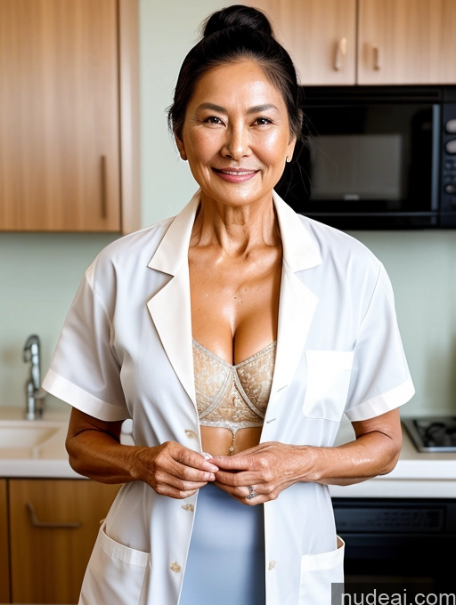 ai nude image of smiling woman in white lab coat standing in kitchen with microwave in background pics of Miss Universe Model Beautiful Hair Bun 70s Asian Oiled Body Lab Coat Cleavage