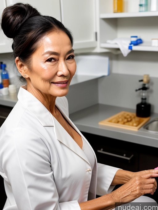 ai nude image of smiling woman in white lab coat holding a pink object in a kitchen pics of Miss Universe Model Beautiful Hair Bun 70s Asian Oiled Body Lab Coat Cleavage