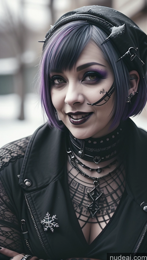 ai nude image of araffe with purple hair and black makeup wearing a black jacket pics of Milf Busty Perfect Boobs Chubby Short Hair Laughing Purple Hair Ethiopian Snow Close-up View Goth Gothic Punk Girl