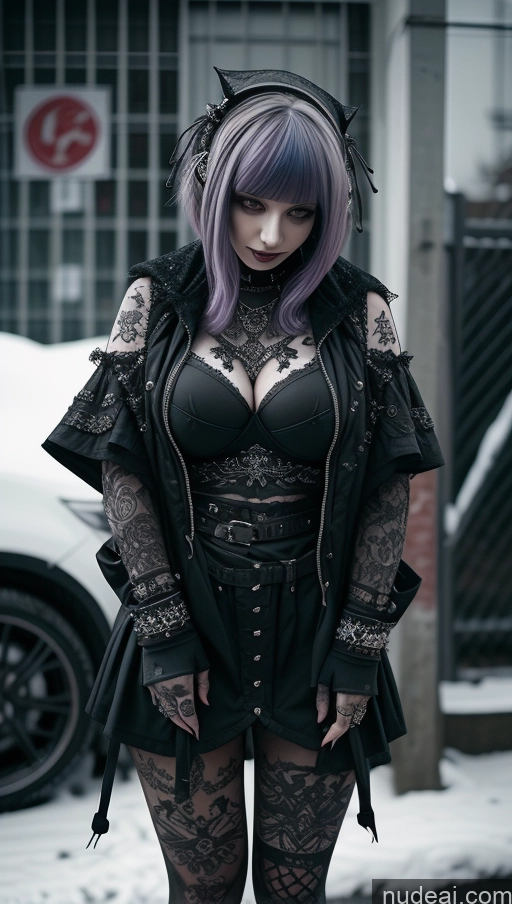 ai nude image of araffe dressed in black and purple hair and a black jacket pics of Milf Busty Chubby Short Hair Laughing Purple Hair Ethiopian Snow Close-up View Goth Tattoos Perfect Boobs Gothic Punk Girl