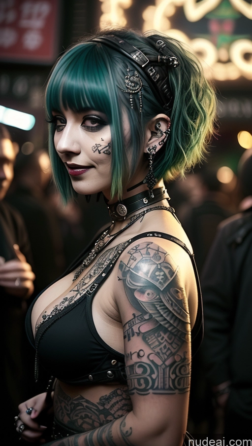 ai nude image of arafed woman with green hair and tattoos standing in a crowded area pics of Milf Busty Chubby Short Hair Laughing Ethiopian Tattoos Perfect Boobs Gothic Punk Girl Club Close-up View Green Hair Steampunk