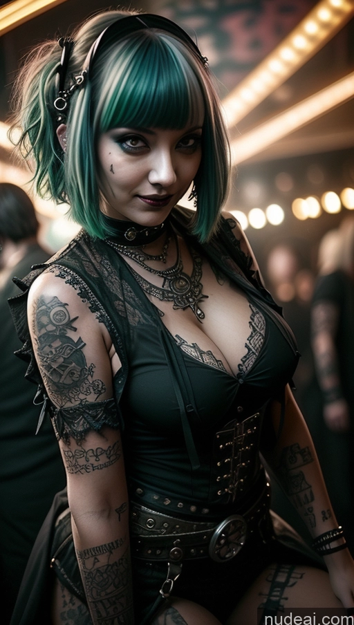 ai nude image of araffe woman with green hair and piercings posing for a picture pics of Milf Busty Chubby Short Hair Ethiopian Tattoos Perfect Boobs Gothic Punk Girl Club Close-up View Green Hair Steampunk Laughing