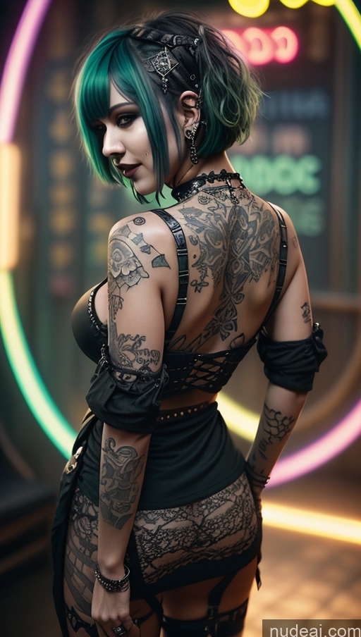 ai nude image of arafed woman with green hair and tattoos standing in front of a neon sign pics of Milf Chubby Short Hair Ethiopian Tattoos Gothic Punk Girl Club Close-up View Green Hair Steampunk Laughing Perfect Boobs Busty Transparent Topless