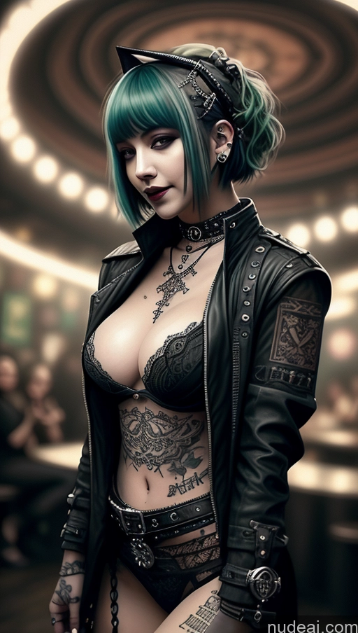 ai nude image of arafed woman with green hair and piercings posing in a room pics of Milf Chubby Short Hair Ethiopian Tattoos Gothic Punk Girl Club Green Hair Steampunk Laughing Perfect Boobs Busty Topless Partially Nude Jacket Close-up View