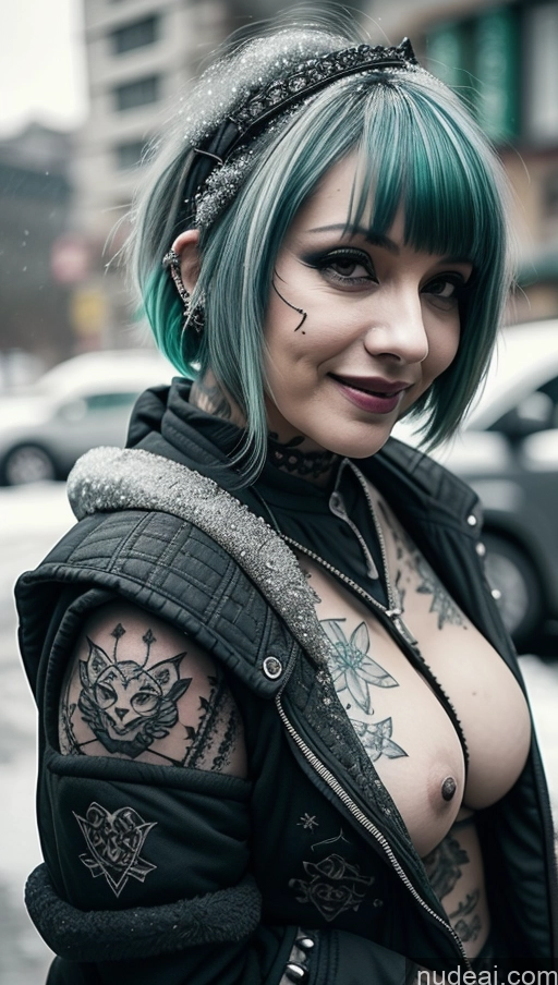 ai nude image of arafed woman with green hair and tattoos on her chest pics of Milf Chubby Short Hair Ethiopian Tattoos Gothic Punk Girl Green Hair Laughing Perfect Boobs Busty Jacket Close-up View Snow