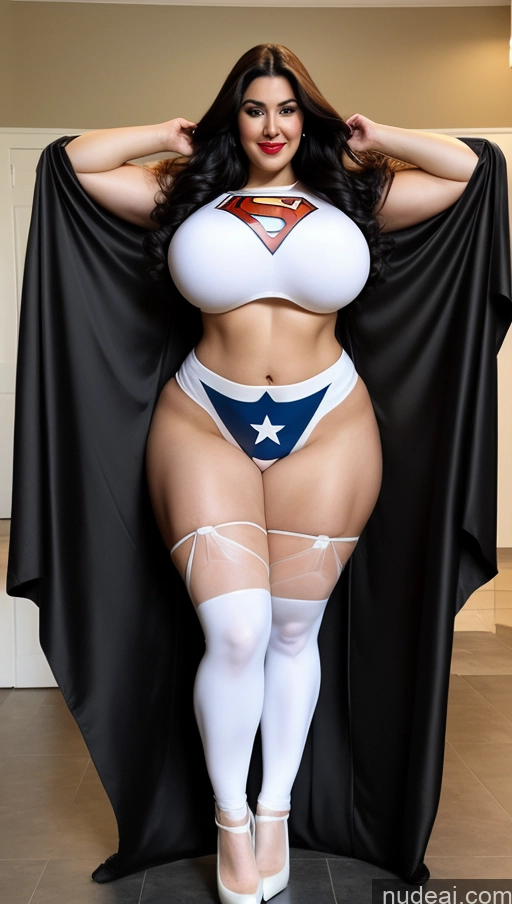 ai nude image of araffe woman in a white and blue costume posing for a picture pics of Huge Boobs Lipstick Big Ass Abs Chubby Fairer Skin Black Hair Long Hair Indian Superhero