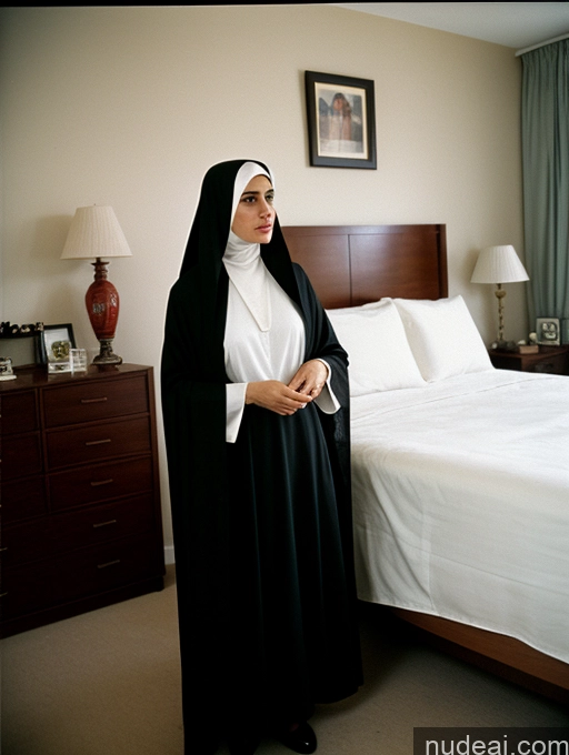 ai nude image of nun in black robe standing in front of a bed in a hotel room pics of Woman Several Busty Skinny Short 60s Shocked Angry Black Hair Jewish Vintage Bedroom Front View Dress Jewelry Dark Lighting Long Hair 60s Niqab Nun