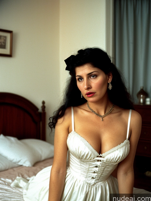 ai nude image of there is a woman in a white dress sitting on a bed pics of Woman Several Busty Skinny Short Shocked Angry Black Hair Jewish Vintage Bedroom Front View Jewelry Dark Lighting Long Hair Bows 70s Dress 90s Victorian