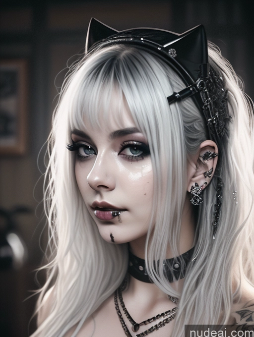 ai nude image of blond woman with black cat ears and piercings posing for a picture pics of Busty Perfect Boobs Close-up View Gothic Punk Girl Model Beautiful Perfect Body 18 White Hair Curly Hair Russian Bedroom Cumshot Nude