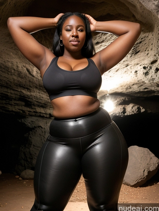 ai nude image of there is a woman in a black top and black pants posing pics of Perfect Boobs Beautiful Big Ass Fat 20s Black Hair Long Hair Dark Skin Cave Yoga Pants Sports Bra Leather Detailed