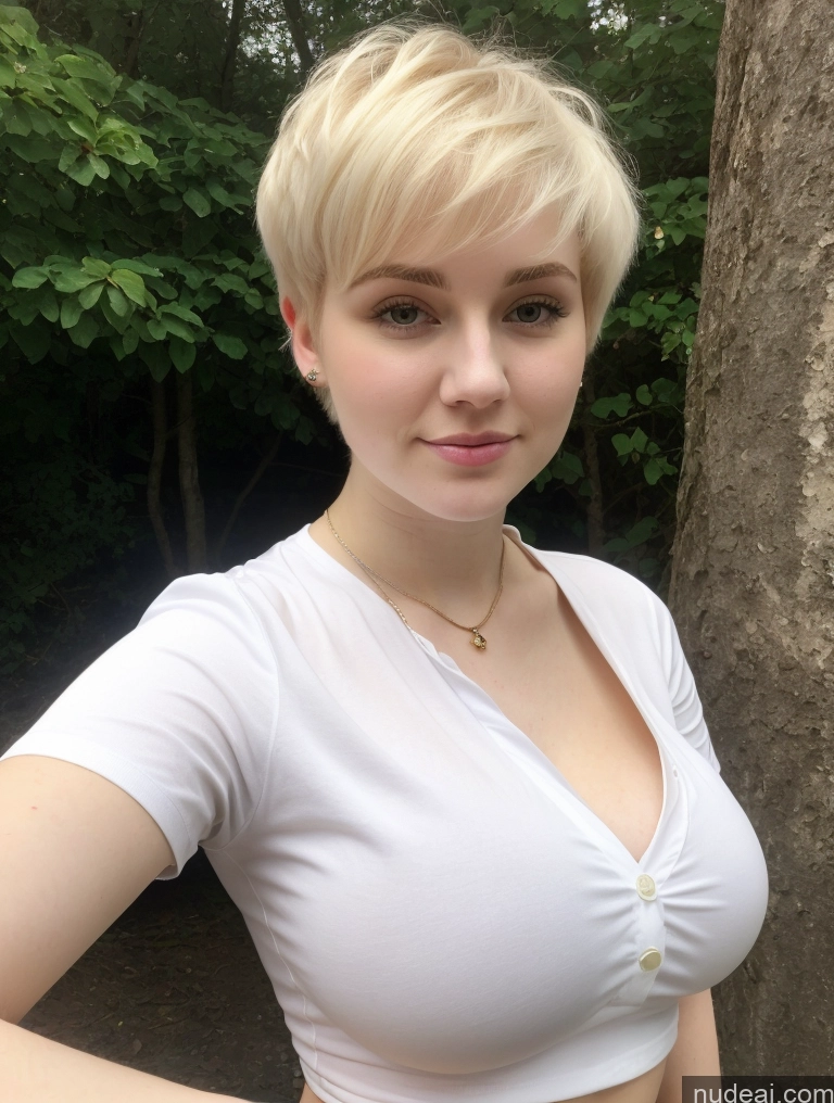 ai nude image of blond woman with short hair posing in front of a tree pics of Busty Perfect Boobs Beautiful Thick Fairer Skin 18 Blonde Russian Close-up View Shirt Pixie