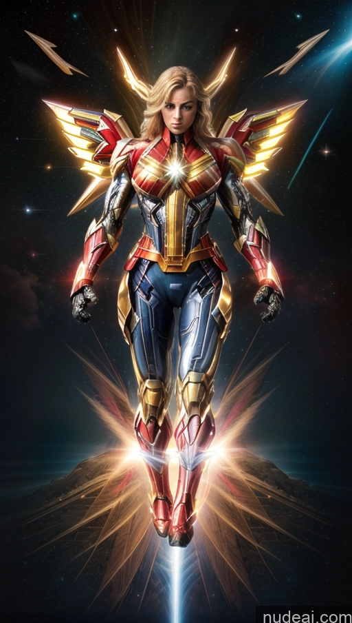 ai nude image of a close up of a woman in a suit with wings flying through the air pics of Bodybuilder Busty Muscular Abs Powering Up Captain Marvel SuperMecha: A-Mecha Musume A素体机娘 Has Wings Space Dynamic View Heat Vision Two