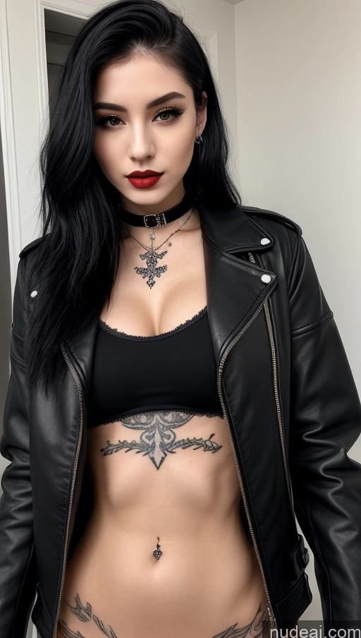 ai nude image of arafed woman with a black leather jacket and a black bra top pics of Perfect Boobs Abs Perfect Body Lipstick Beautiful 18 Fairer Skin Korean Tattoos Goth Black Hair Messy Choker Jacket Jeans