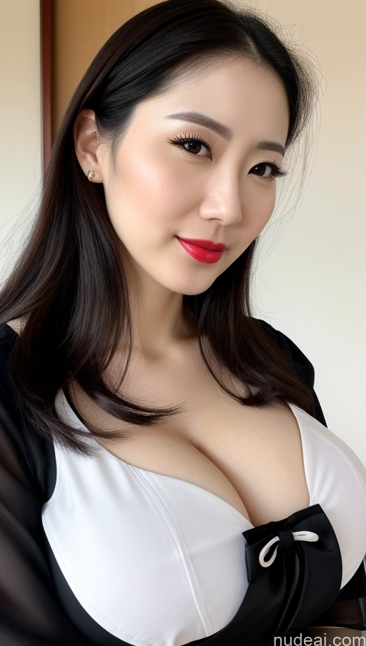 ai nude image of arafed asian woman in a black and white dress posing for a picture pics of Woman One Huge Boobs Beautiful Lipstick Fairer Skin 30s Black Hair Slicked Korean Close-up View Detailed Dress Traditional