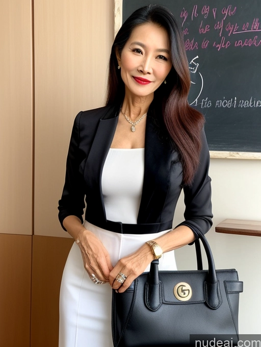 ai nude image of woman in white dress and black jacket holding a black purse pics of Milf Beautiful Lipstick Skinny Long Hair 60s Stylish Teacher Vietnamese