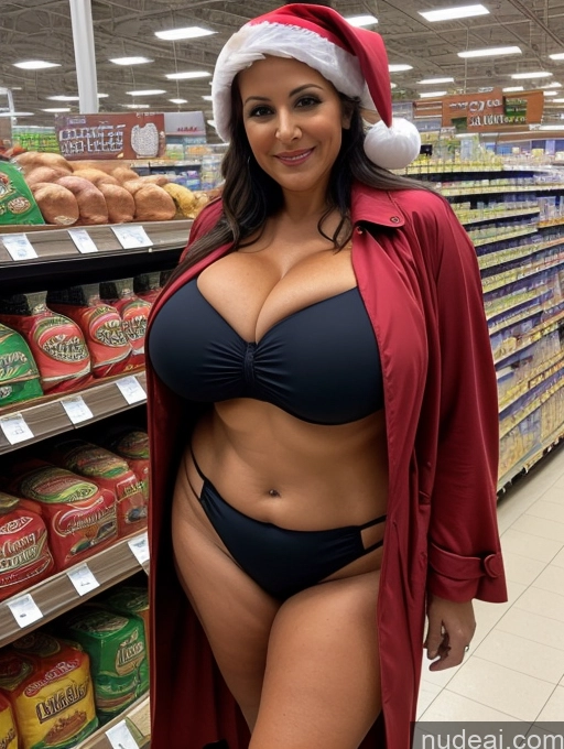 ai nude image of araffe in a santa hat and bikini posing in a store pics of Milf One Busty Huge Boobs Tanned Skin 50s Grocery Front View Jacket Microkini Thong Tunic Trench Coat Santa Medieval Vampire