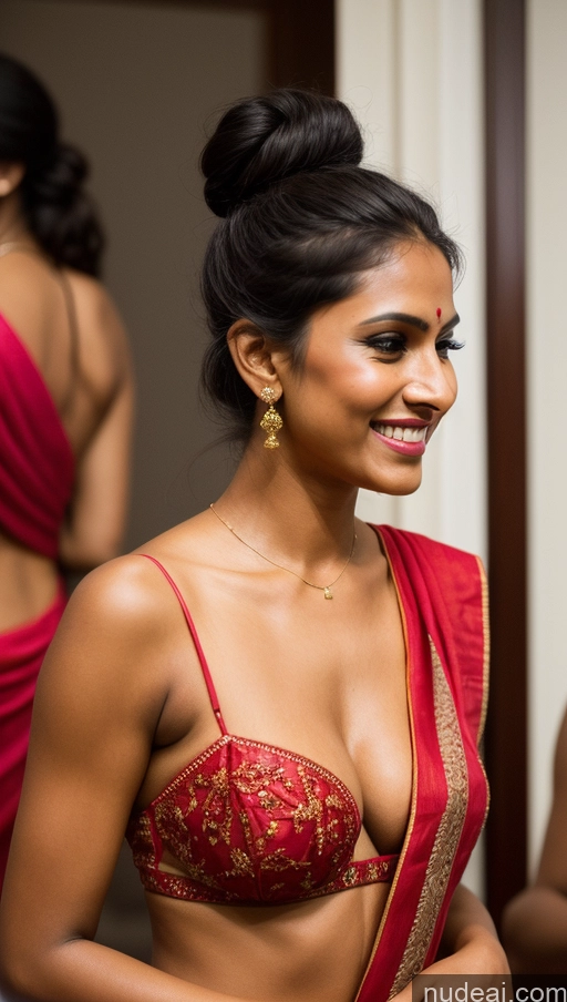 ai nude image of there is a woman in a red and gold dress smiling pics of Indian Detailed Skin Detail (beta) Hair Bun Black Hair Laughing 20s Tanned Skin Woman Cleavage Front View Sari Party Perfect Boobs Perfect Body