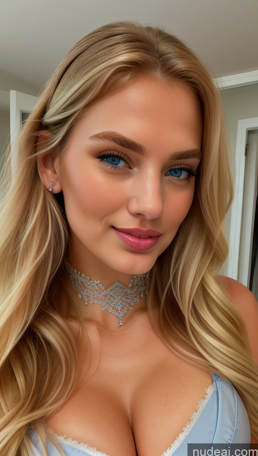 ai nude image of blond woman with blue eyes and a choker posing for a picture pics of Busty Perfect Boobs Beautiful Lipstick Perfect Body Fairer Skin Bright Lighting Detailed Dutch Dutch Doll Likeness Blonde Deep Blue Eyes Oiled Body Lingerie Elemental Series - Ice Choker Diamond Jewelry Bedroom Long Legs Happy 60s Athlete