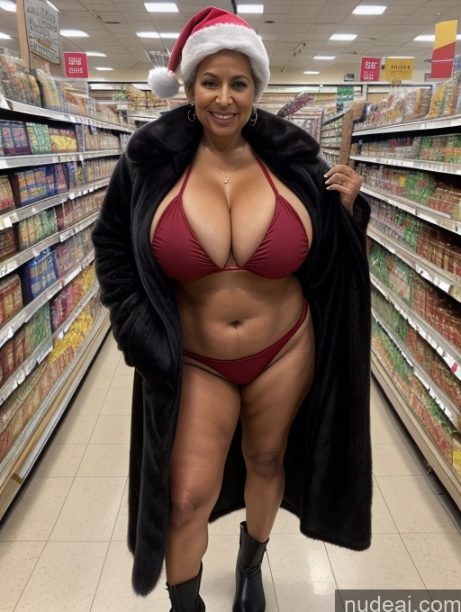 ai nude image of a woman in a santa hat and red bikini posing in a store pics of Milf One Busty Huge Boobs Tanned Skin Grocery Front View Jacket Microkini Thong Trench Coat Tunic Fur 60s Indian Santa