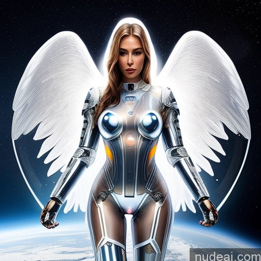 ai nude image of arafed woman in a futuristic suit with wings standing in front of a planet pics of Cyborg Perfect Boobs Small Tits Perfect Body 30s Space Suit Front View Spreading Legs Angel Transparent