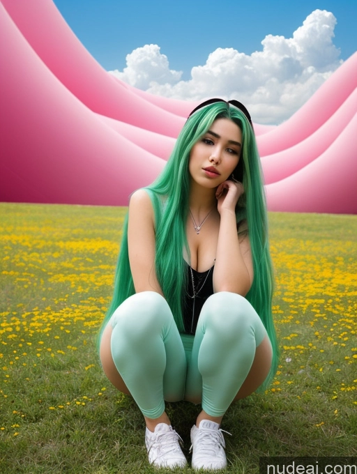 ai nude image of arafed woman with green hair sitting on grass with pink mountains in the background pics of One 18 Long Hair White Perfect Body Pouting Lips Surrealist Transparent Sitting, Squating Big Ass Meadow Detailed Green Hair Cosplay Spread Pussy