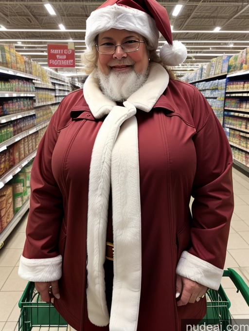 ai nude image of araffe dressed in santa claus outfit standing in a grocery store pics of Milf One Busty Huge Boobs Tanned Skin Grocery Front View Jacket Microkini Thong Trench Coat Tunic Fur 60s Santa