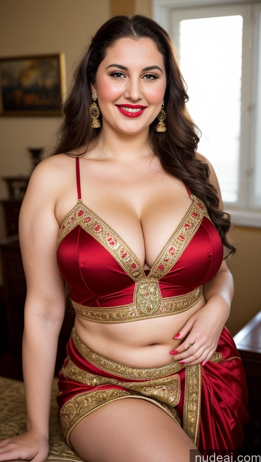 ai nude image of arafed woman in a red and gold outfit posing for a picture pics of Milf Busty Beautiful Lipstick Thick Big Hips Chubby Fat Fairer Skin 20s Happy Seductive Brunette Long Hair Russian Party Front View Straddling Sari Blouse Dirndl Victorian Cleavage Partially Nude Gold Jewelry