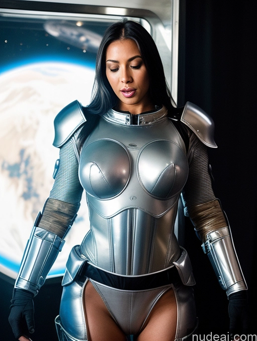 ai nude image of arafed woman in a silver suit standing in front of a picture pics of 30s Orgasm Nigerian Space Suit Sci-fi Armor Lingerie Model Perfect Boobs Small Tits Perfect Body Cumshot Topless